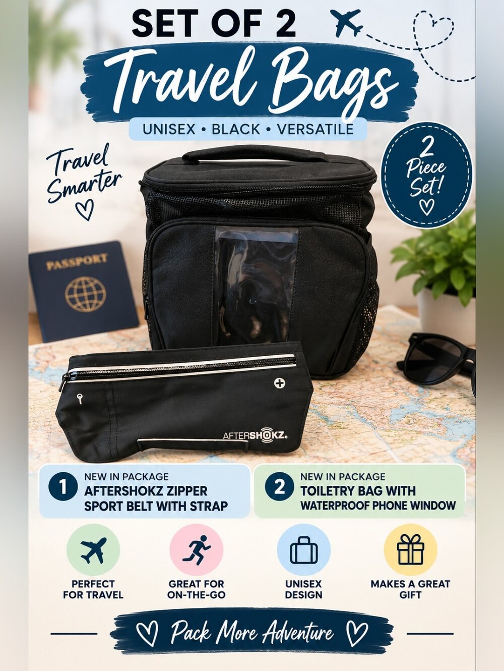 Set Of 2 NIP Unisex Black Travel Bags ▪︎ Includes Aftershokz Zippered Sport Belt